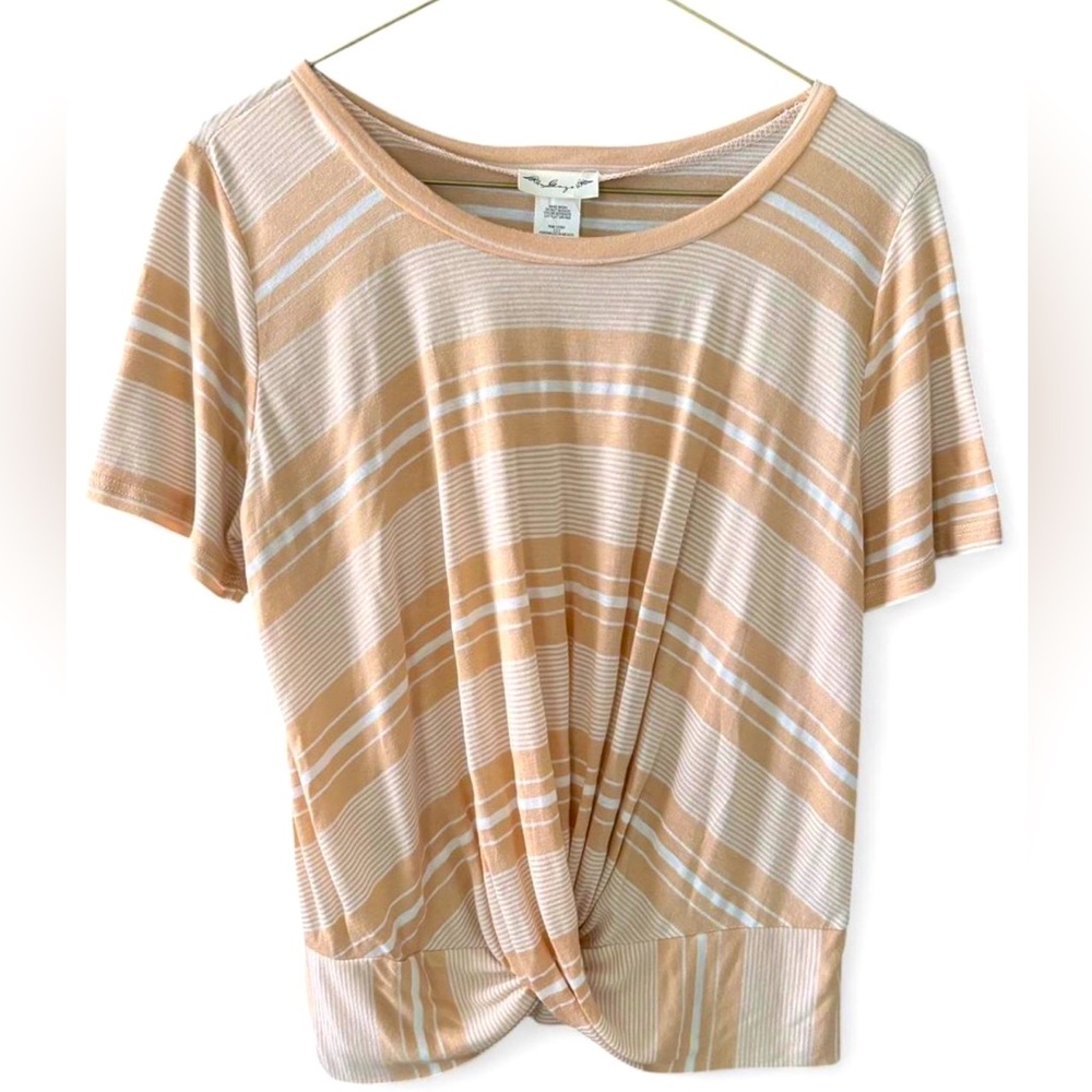 NWOT Women's Gaze Short Sleeve Yellow Striped‎ Top Front Twist Medium Casual